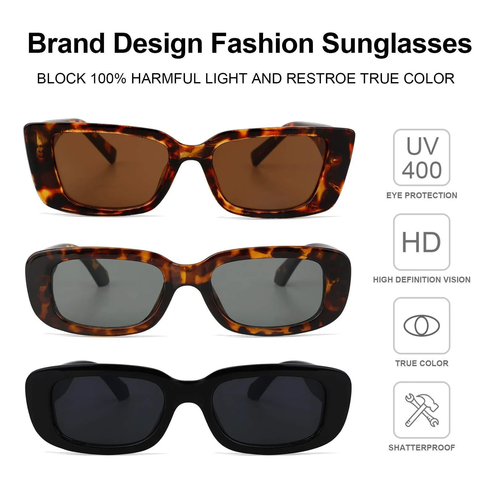 3 Pcs Rectangle Sunglasses for Women, 90’s Vintage Fashion Retro Square Driving Glasses Sun Glasses UV Protection Glasses Eyewear for Girls