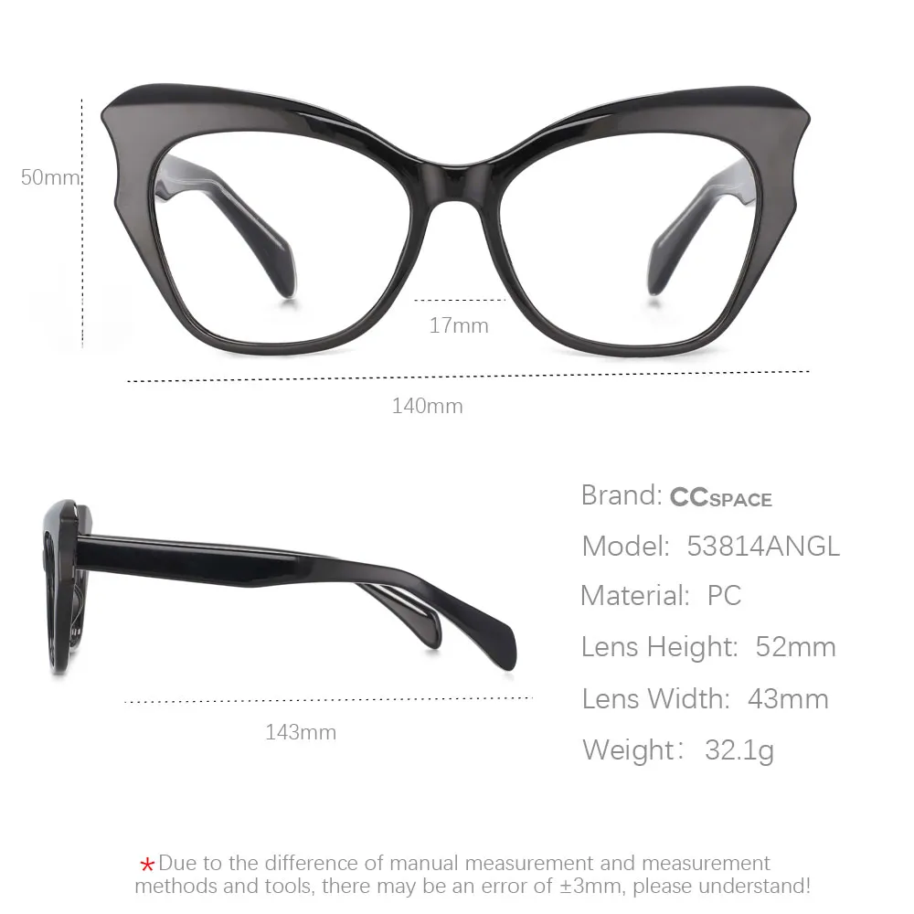 CCspace Women's Full Rim Oversized Cat Eye Tr 90 Titanium Frame Eyeglasses 53814