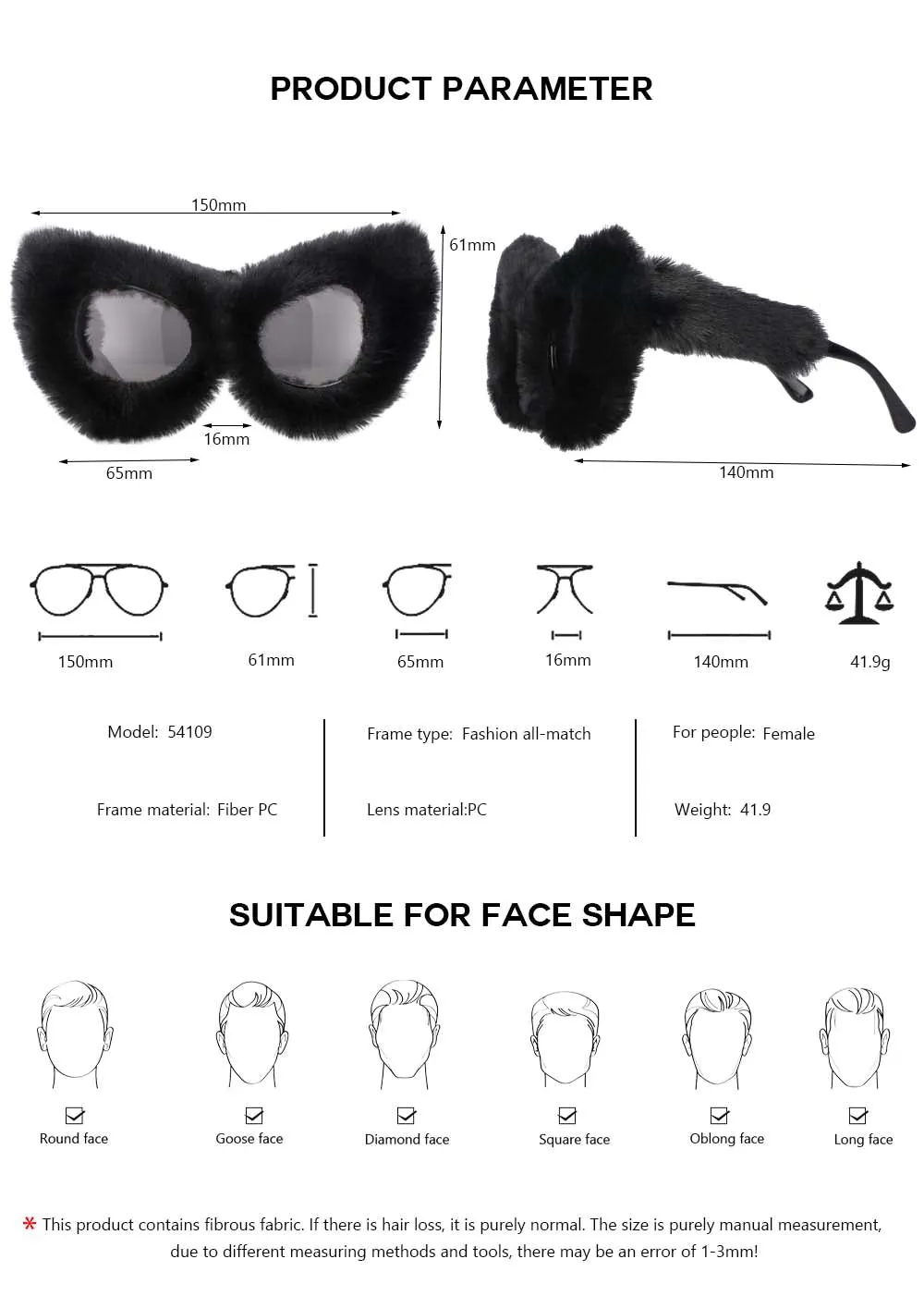 CCspace Women's Full Rim Velvet/Resin Cat Eye Sunglasses 54190