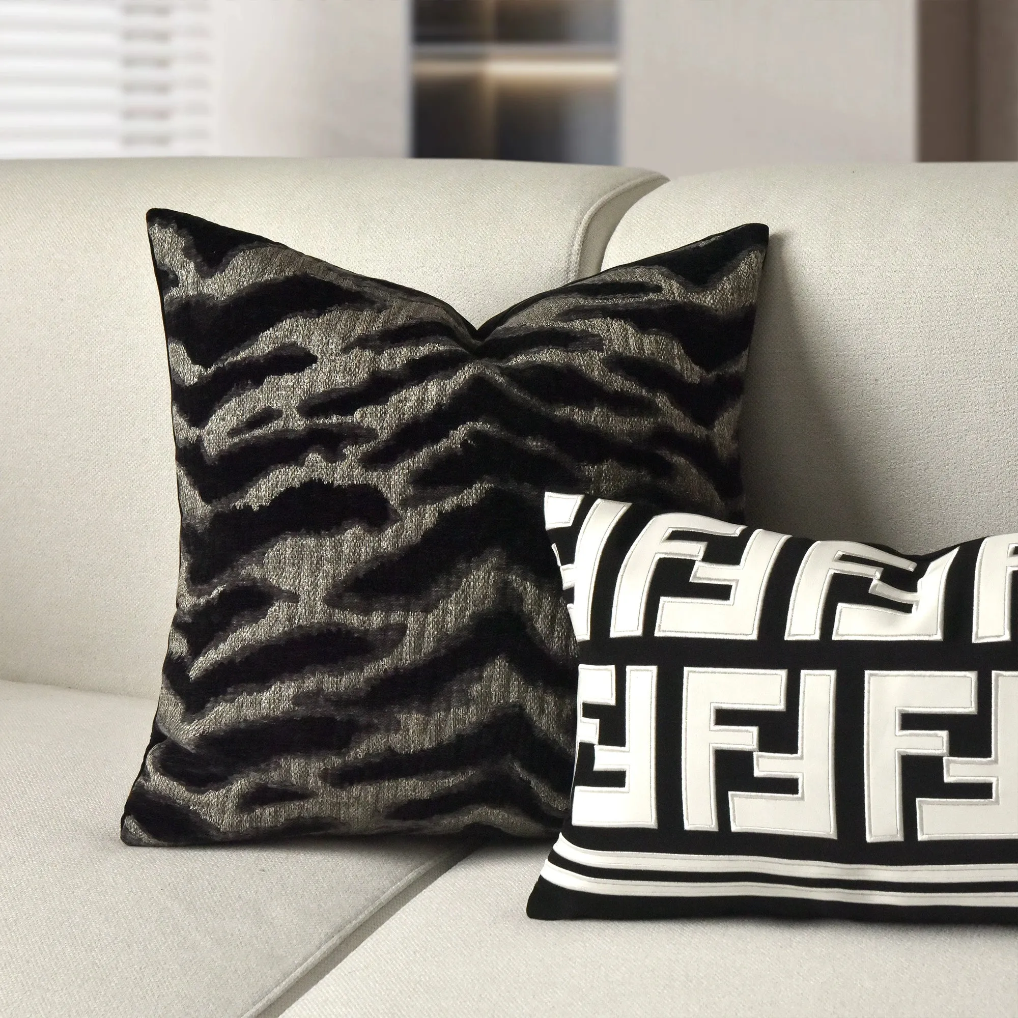 Chic Black and White Orange Accent High-End Cushion