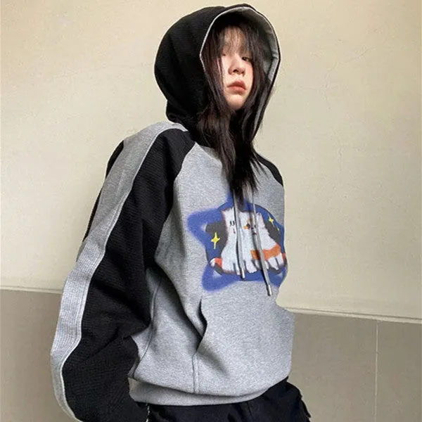 christmas outfit Sonicelife Cat Print Waffle Raglan Hoodie