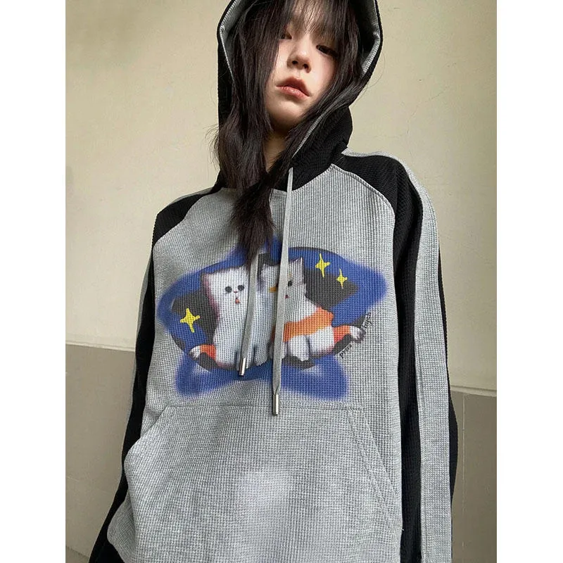 christmas outfit Sonicelife Cat Print Waffle Raglan Hoodie