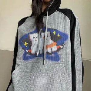 christmas outfit Sonicelife Cat Print Waffle Raglan Hoodie