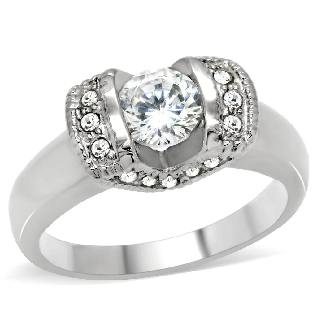 High polished (no plating) Stainless Steel Ring with AAA Grade CZ in Clear for Women Style TK194