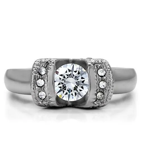 High polished (no plating) Stainless Steel Ring with AAA Grade CZ in Clear for Women Style TK194