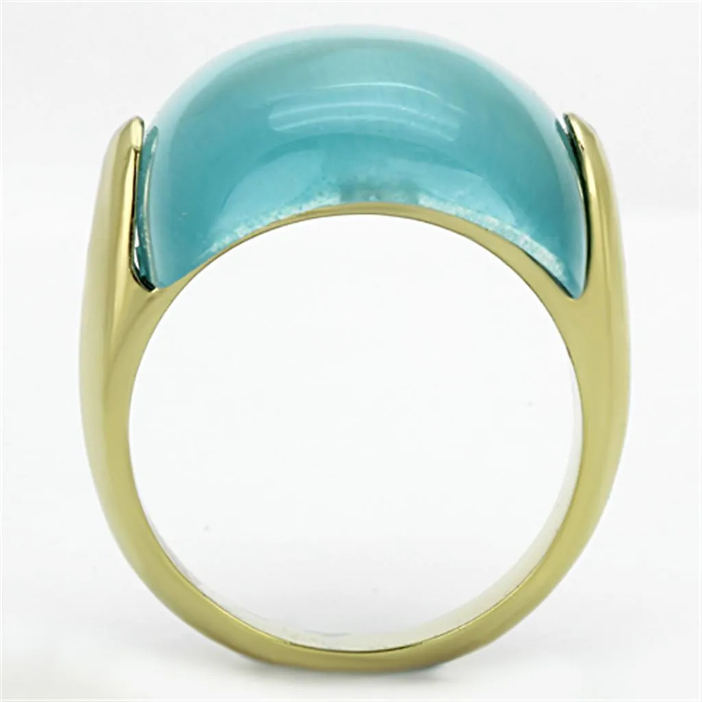 IP Gold(Ion Plating) Stainless Steel Ring with Synthetic Cat Eye in Sea Blue for Women Style TK1237