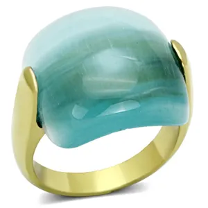 IP Gold(Ion Plating) Stainless Steel Ring with Synthetic Cat Eye in Sea Blue for Women Style TK1237