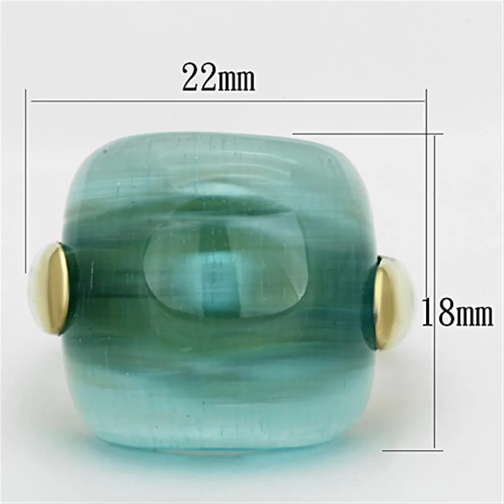 IP Gold(Ion Plating) Stainless Steel Ring with Synthetic Cat Eye in Sea Blue for Women Style TK1237
