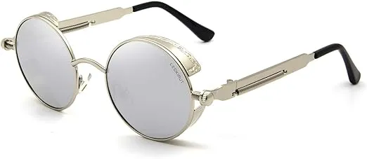 LECKIRUT Round Steampunk Sunglasses Men Women Vintage Retro Style Metal Frame Sun Glasses