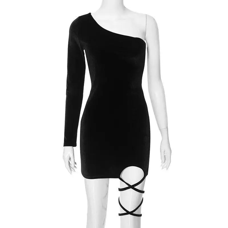Oblique Shoulder Solid Color Dress