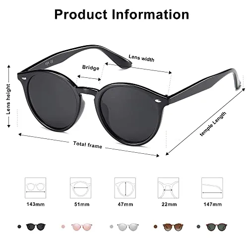 SOJOS Retro Round Polarized Sunglasses for Women Men Circle Frame UV400 Lenses SJ2069, Black/Grey