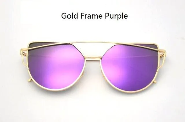 Women's Twin Beam Designer Cat Eye Sunglasses with Rose Gold Mirror Lens