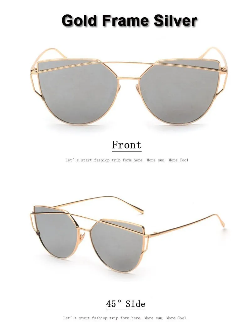 Women's Twin Beam Designer Cat Eye Sunglasses with Rose Gold Mirror Lens