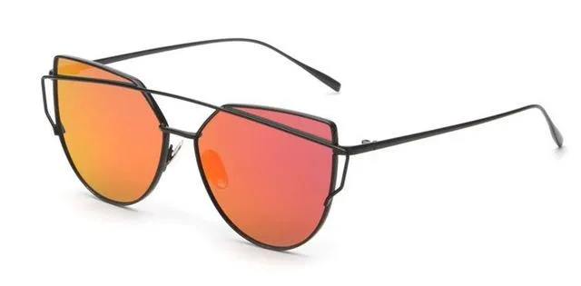 Women's Twin Beam Designer Cat Eye Sunglasses with Rose Gold Mirror Lens