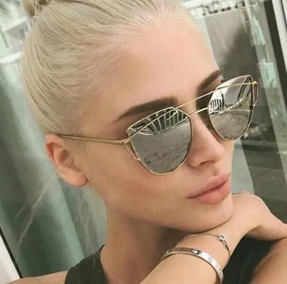 Women's Twin Beam Designer Cat Eye Sunglasses with Rose Gold Mirror Lens