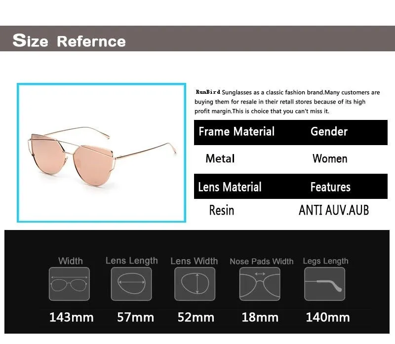 Women's Twin Beam Designer Cat Eye Sunglasses with Rose Gold Mirror Lens