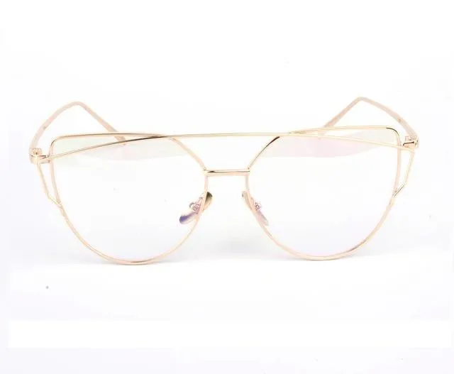 Women's Twin Beam Designer Cat Eye Sunglasses with Rose Gold Mirror Lens