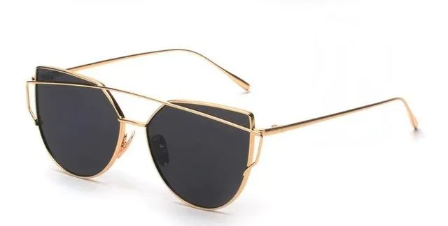 Women's Twin Beam Designer Cat Eye Sunglasses with Rose Gold Mirror Lens