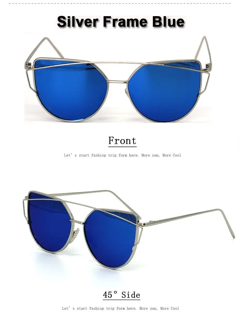 Women's Twin Beam Designer Cat Eye Sunglasses with Rose Gold Mirror Lens