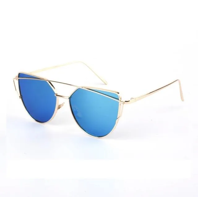 Women's Twin Beam Designer Cat Eye Sunglasses with Rose Gold Mirror Lens