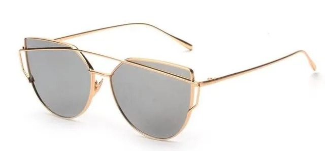 Women's Twin Beam Designer Cat Eye Sunglasses with Rose Gold Mirror Lens