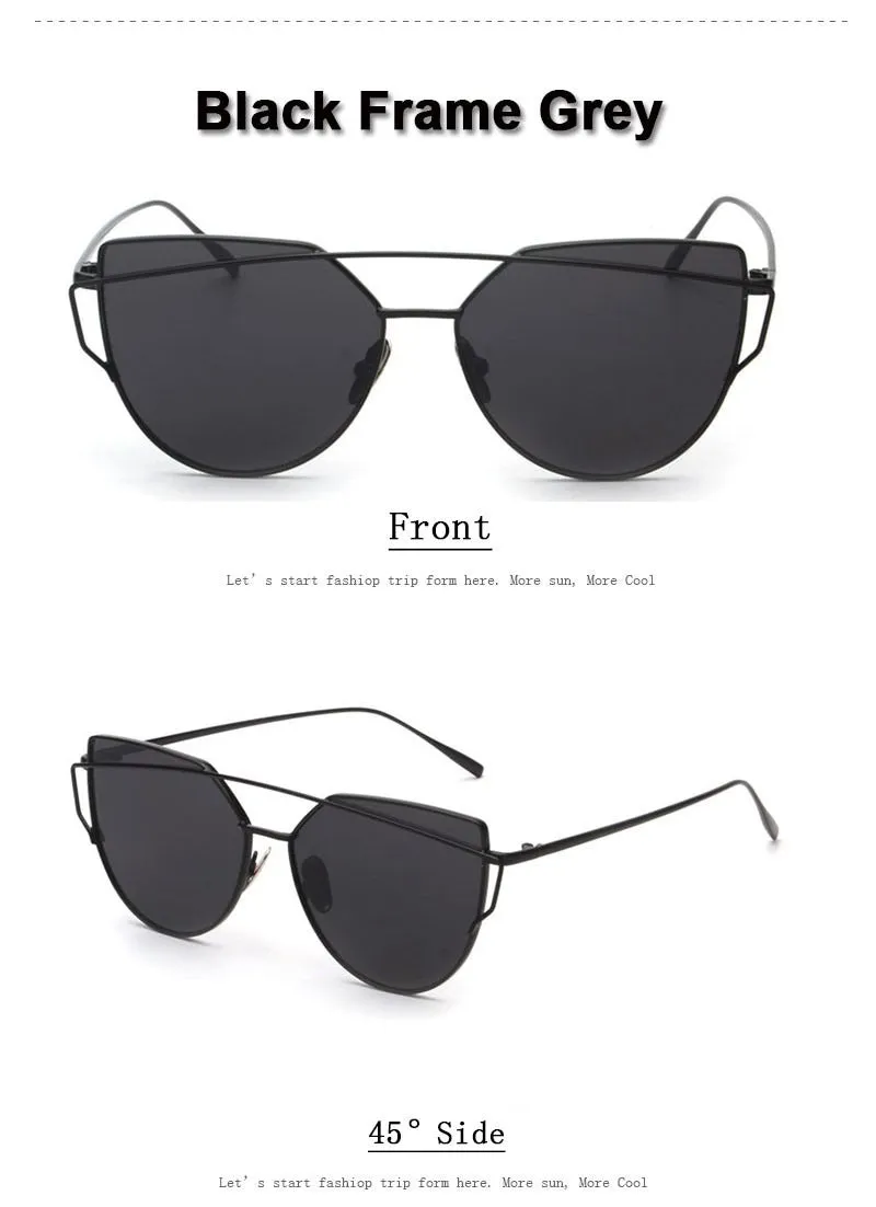 Women's Twin Beam Designer Cat Eye Sunglasses with Rose Gold Mirror Lens