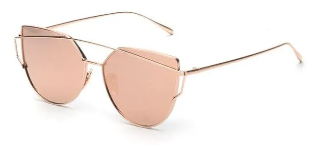 Women's Twin Beam Designer Cat Eye Sunglasses with Rose Gold Mirror Lens