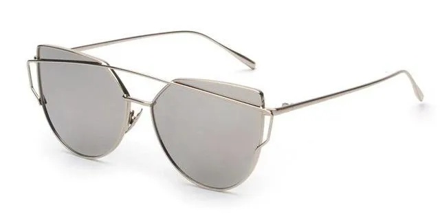 Women's Twin Beam Designer Cat Eye Sunglasses with Rose Gold Mirror Lens